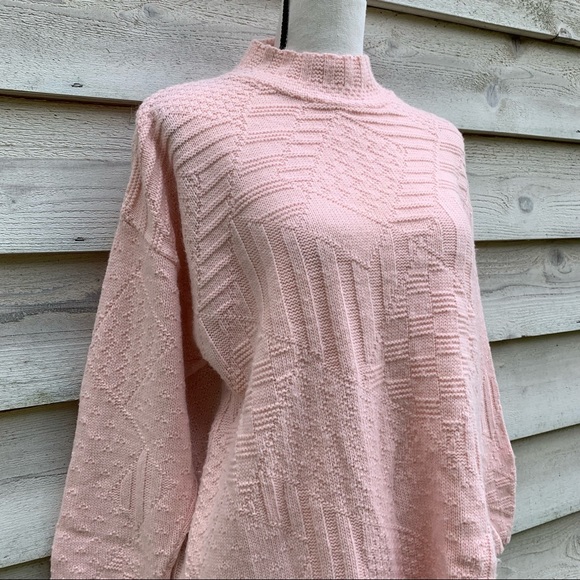 Vintage Pastel Pink Mock Neck Long Sleeve Pullover Oversize Cable Knit Sweater - Picture 4 of 16